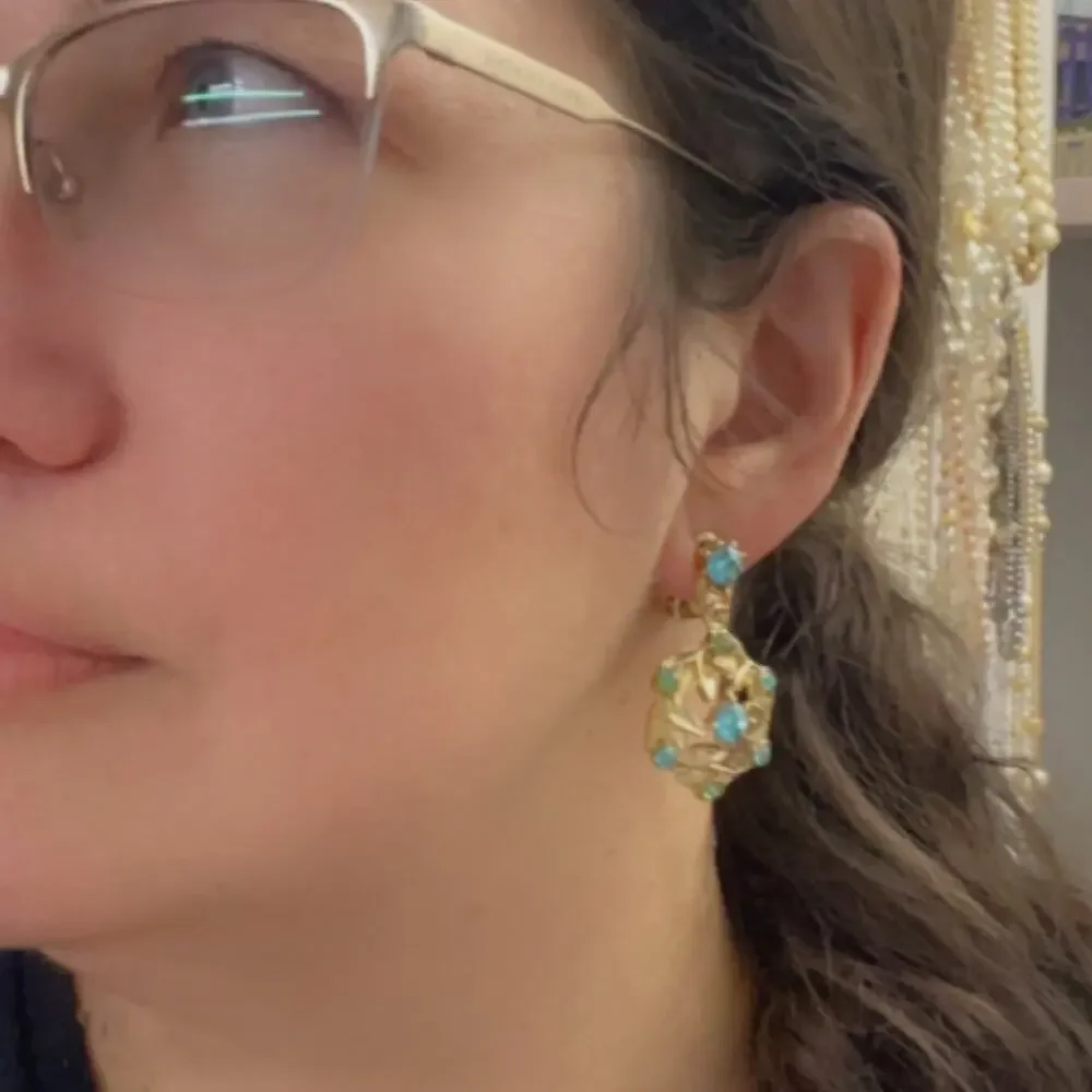 Vintage Teal Blue & Gold Tone Clip Drop Earrings